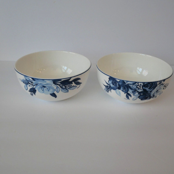 NEW Set of 2 Mikasa Darcy Blue & White Floral Bone China 6" Soup Bowls - Picture 1 of 6